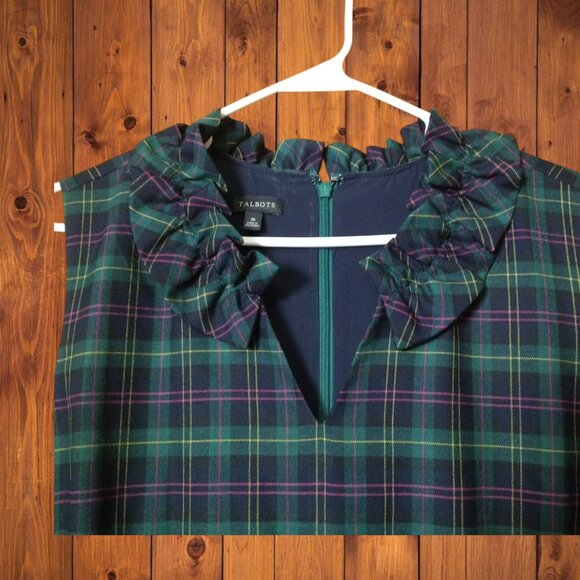 TALBOTS Women's Size 16  Green Tartan Plaid Ruffled Wool Blend Sleeveless Dress - Picture 5 of 8